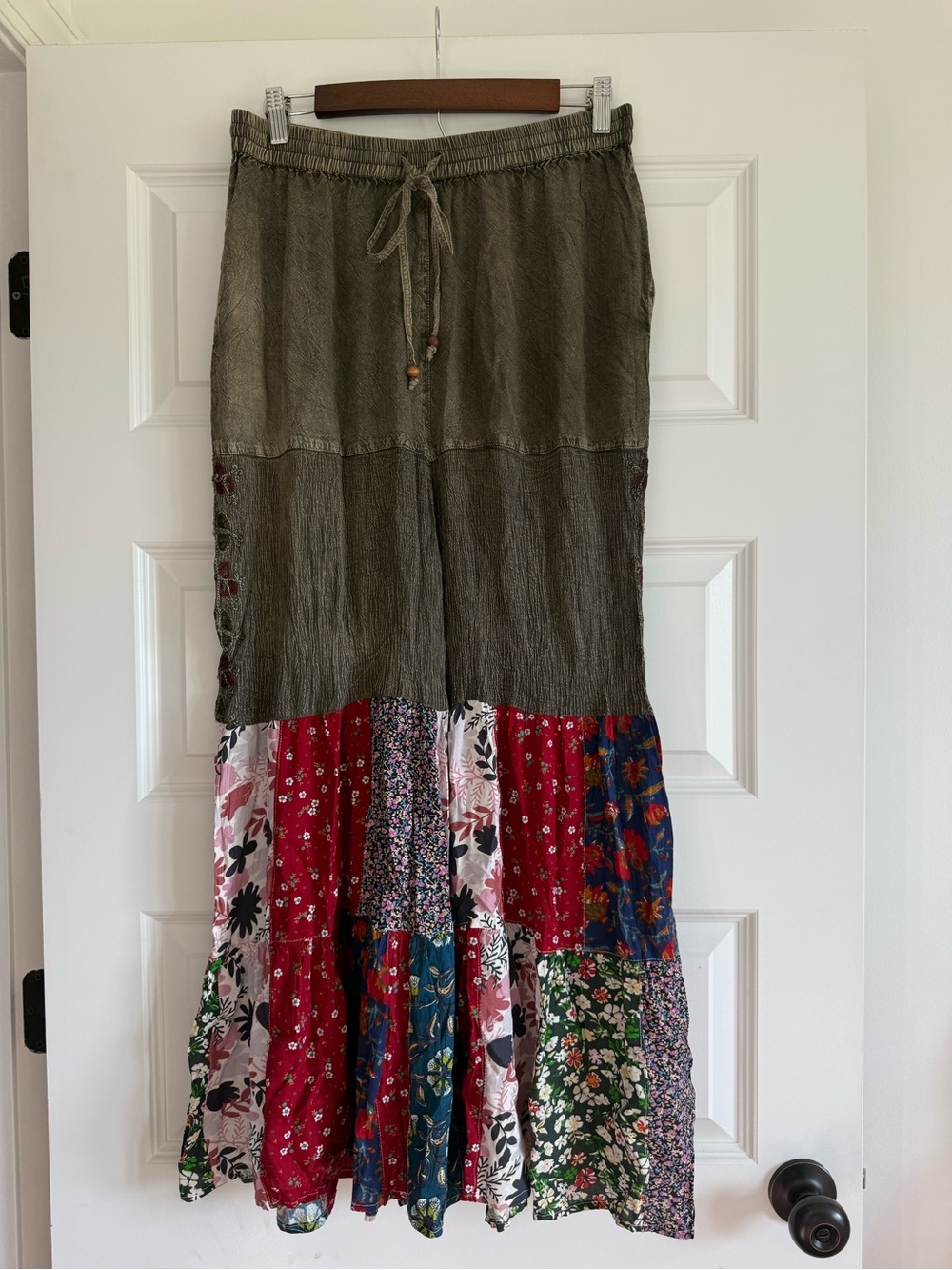 NWT Young Threads Boho Patchwork Wide Leg Pants XL Olive Floral